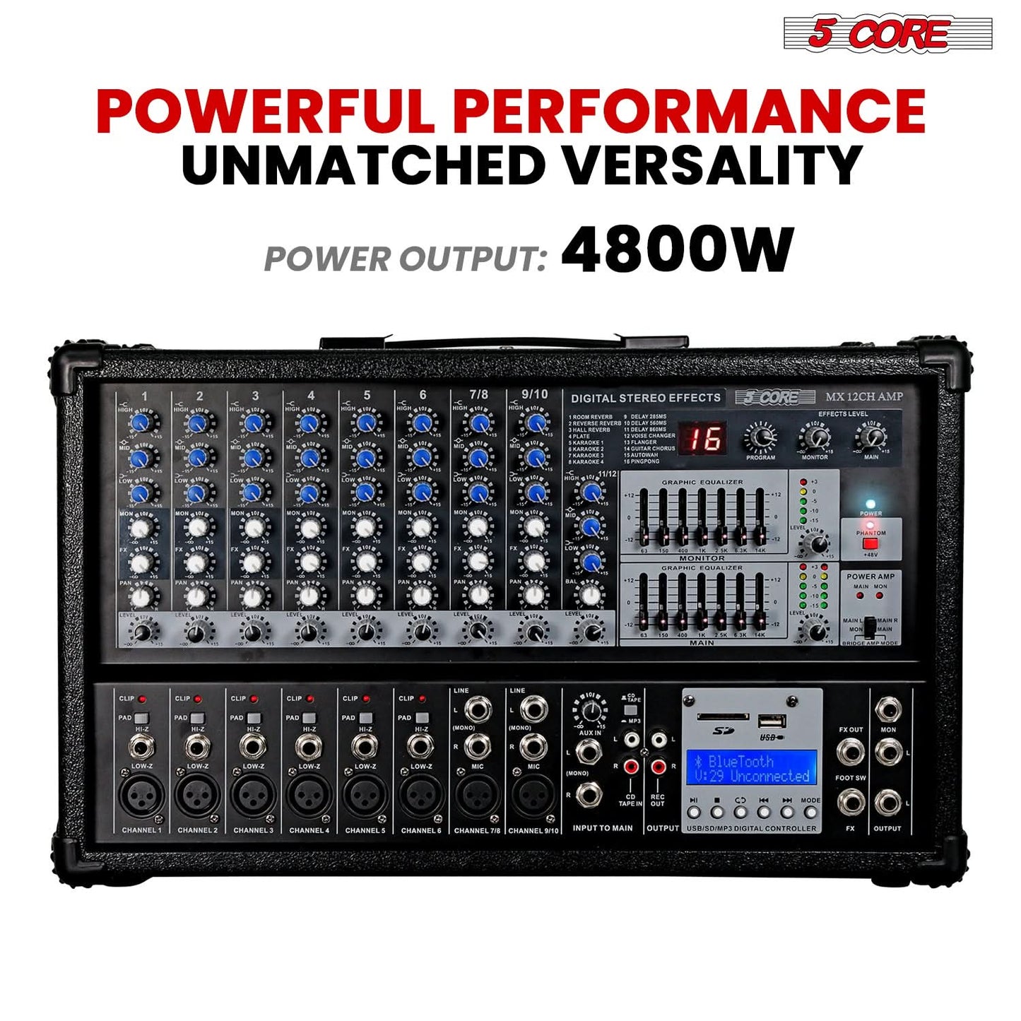 5Core Audio Mixer Powered 12 Channel 240V Mixer System USB MP3 Bluetooth SD readers Digital LCD Display-2