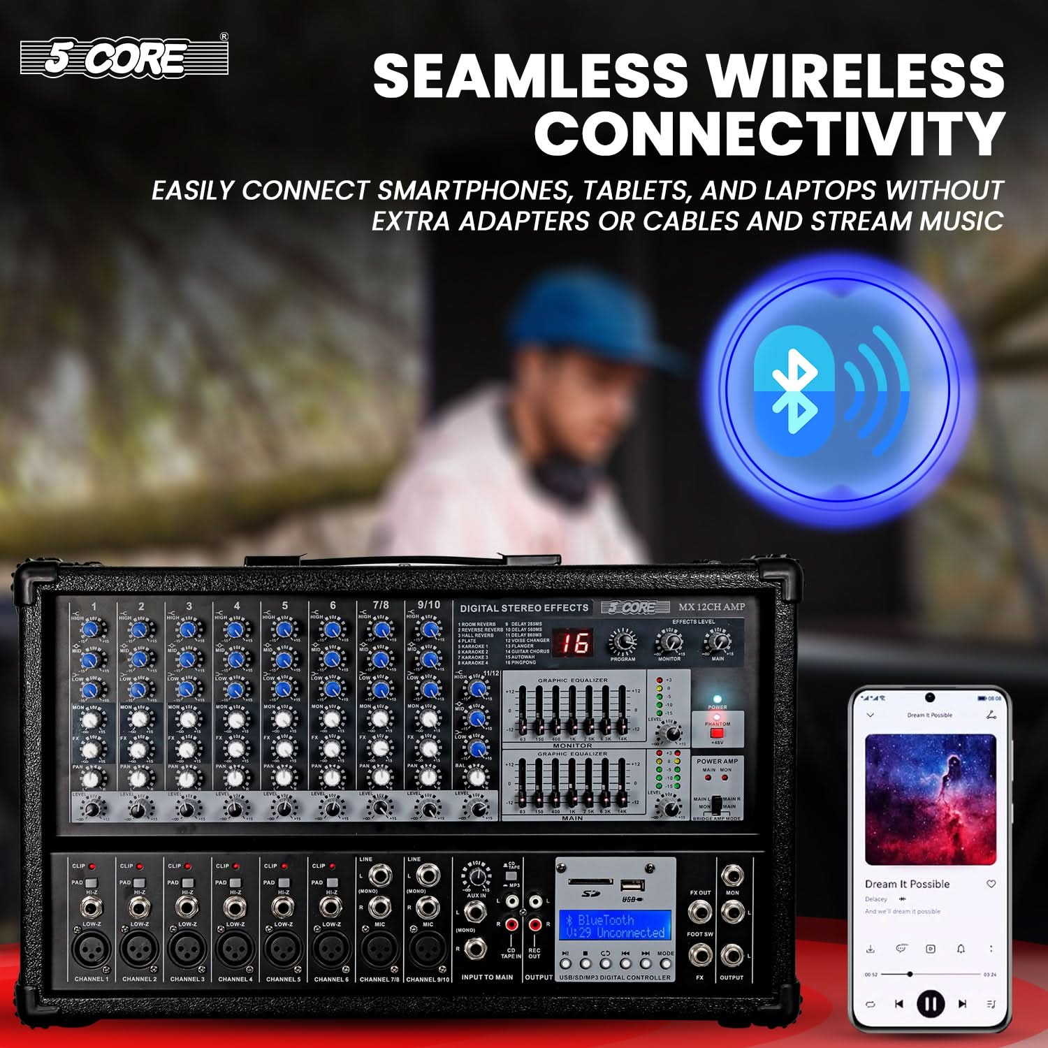 5Core Audio Mixer Powered 12 Channel 240V Mixer System USB MP3 Bluetooth SD readers Digital LCD Display-3