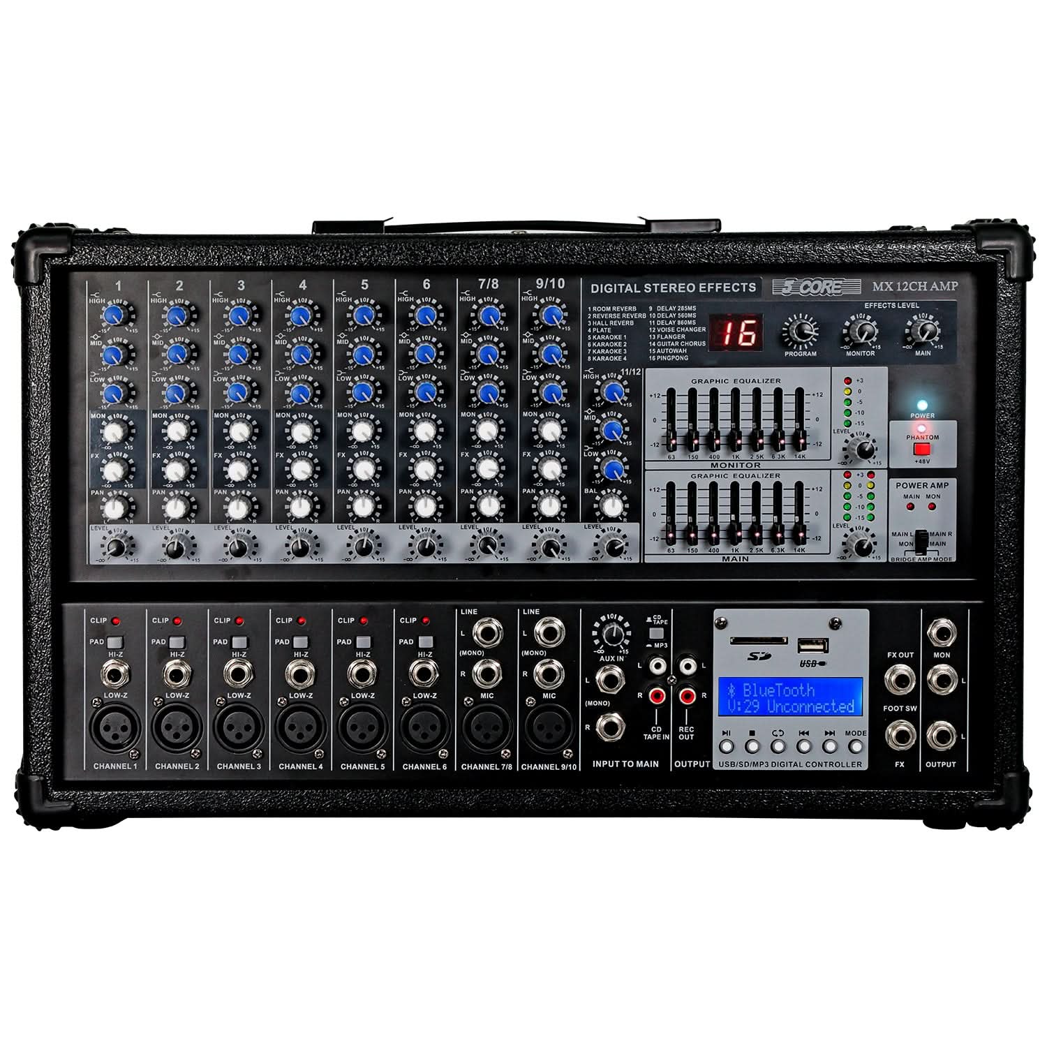 5Core Audio Mixer Powered 12 Channel 240V Mixer System USB MP3 Bluetooth SD readers Digital LCD Display-0