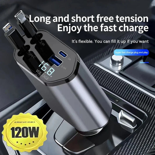 120w 4 IN 1 Retractable Car Charger USB Type C Cable For IPhone Samsung Fast Charge Cord Cigarette Lighter Adapter